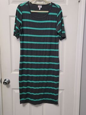 LuLaRoe Gray and Teal Striped Women’s Dress